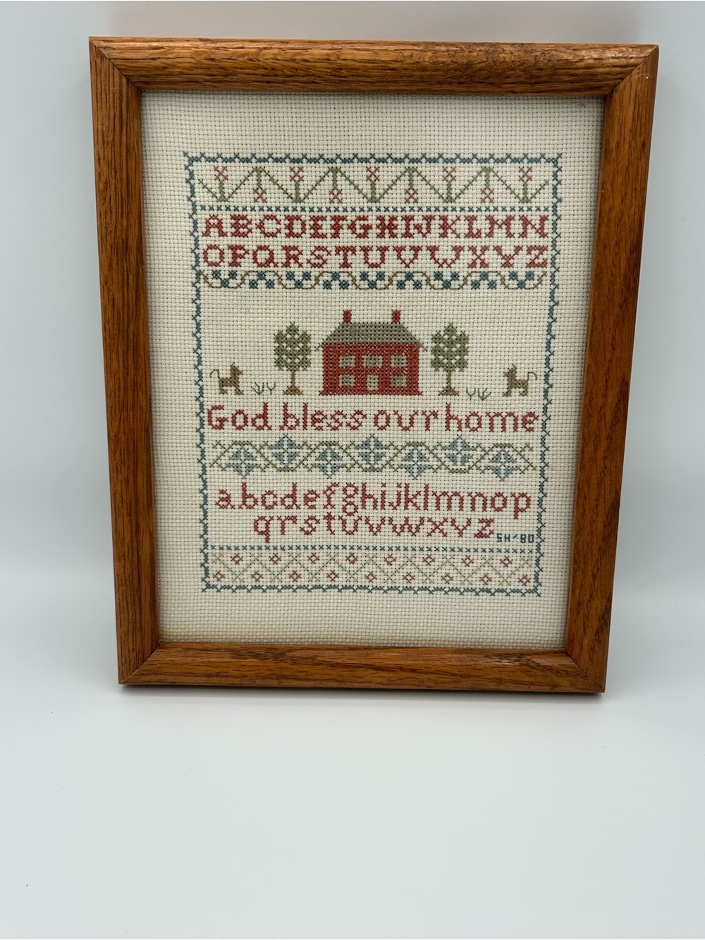 Vintage Needlepoint Cross Stitch Framed God Bless Our Home Alphabet Farmcore